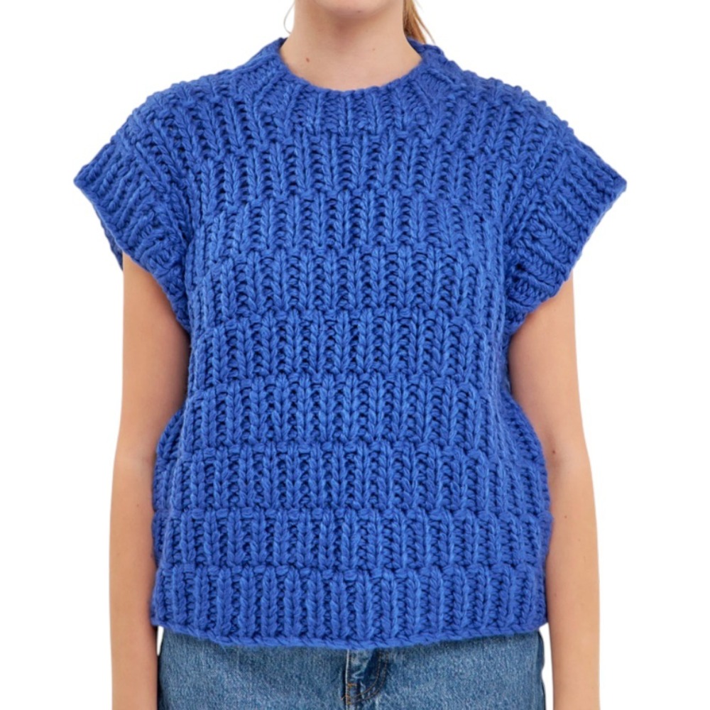 ENGLISH FACTORY Anthropologie CHUNKY CAP SLEEVE SWEATER Royal Blue Cable SZ L